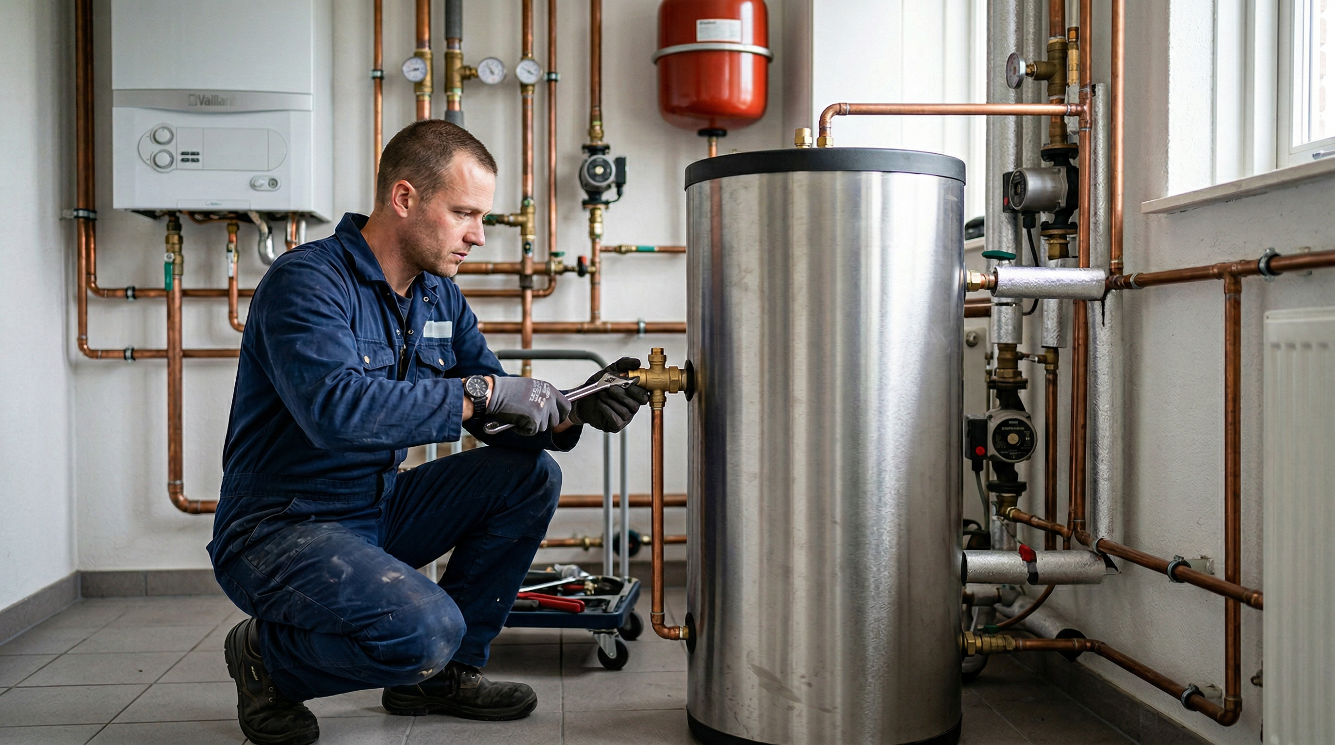 Installatietechnicus werkt aan een thermische opslaginstallatie